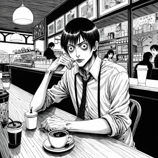 Prompt: Junji Ito manga style, man in coffee shop, manga scene