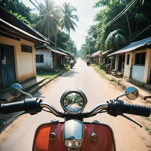 Prompt: Create a first person photorealistic shot from a moped driving the through a village in Koh Lanta Yai, on 35mm film.  The sun is shining and there are potholes all over the road. The photo has a washed out grainy effect 