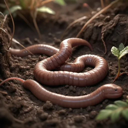 Prompt: (Earthworm features movement), photorealistic, ultra-detailed, 4K, natural brown tones, earthy colors, soft lighting, moist soil background, organic textures, intricate skin details, dynamic motion, slight blur effect to indicate movement, high contrast, macro perspective, damp and fresh atmosphere, emphasis on natural habitat, cinematic quality, focus on realistic nature representation, immersive environment, high definition.