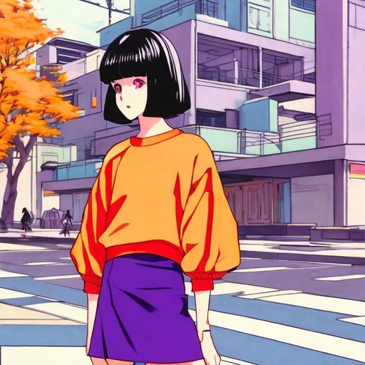 Prompt: A drawing in 80s anime style of a beautiful girl with black bob haircut in orange miniskirt and violet sweatshirt standing on the street near modernist buildings.