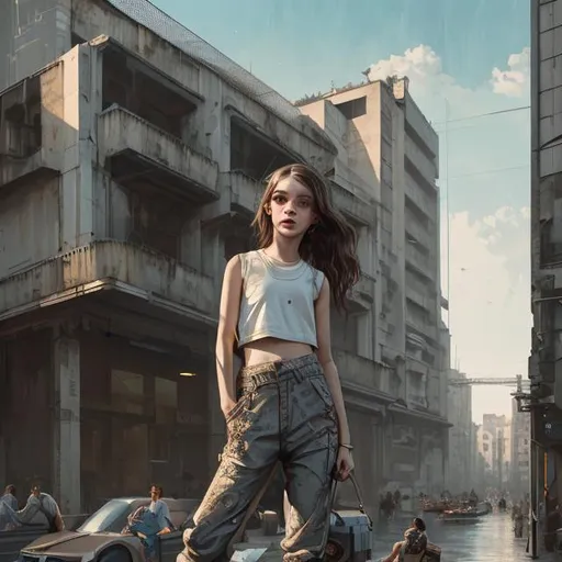 Prompt: Portrait of girl wearing crop top and baggy pants with brown hair and with cute face, modernist building, perfect composition, hyperrealistic, super detailed, 8k, high quality, trending art, trending on artstation, sharp focus, studio photo, intricate details, highly detailed, by greg rutkowski