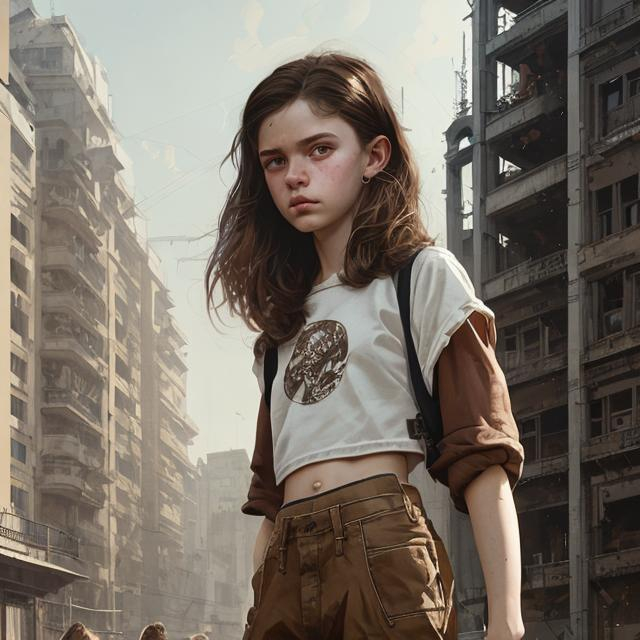 Prompt: Portrait of girl wearing crop top and baggy pants with brown hair and with cute face, modernist building, perfect composition, hyperrealistic, super detailed, 8k, high quality, trending art, trending on artstation, sharp focus, studio photo, intricate details, highly detailed, by greg rutkowski