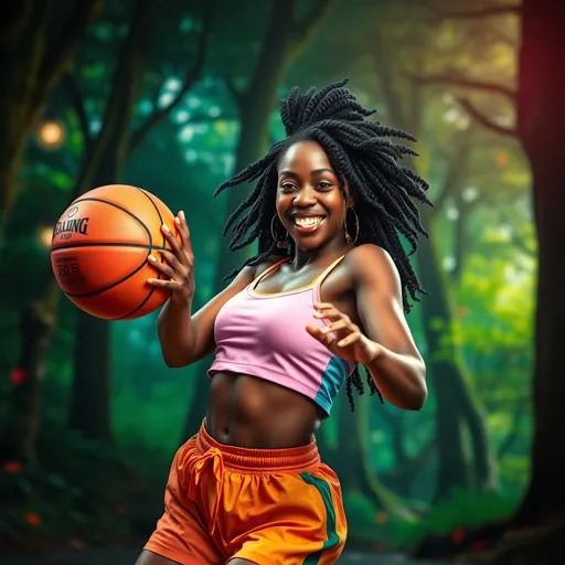 Prompt: (fantasy style) one African women 
playing basketball wearing a crop top
, (vibrant color scheme), energetic pose, bright and vivid colors, , dynamic atmosphere, expressive facial features, lively setting with magical elements, capturing excitement and joy, high detail, 4K quality, immersive scene, enchanted forest backdrop, dreamlike quality, playful mood.