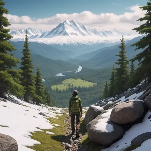 Prompt: /imagine prompt:earth landscape  with rocks and lush forest, with some snowy mountains in the distance  , there's a hiker away from the camera looking at the snowy mountains for away