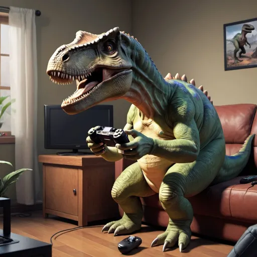 Prompt: A dinosaur playing video games