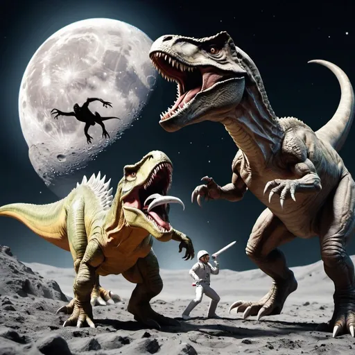 Prompt: A rapor fighting a dragon on the moon and a t Rex in the background 