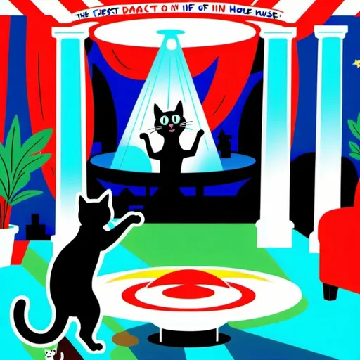 Prompt: A cat dancing inside the white house while a ufo was flying away in his first house with the new owner of his first house 