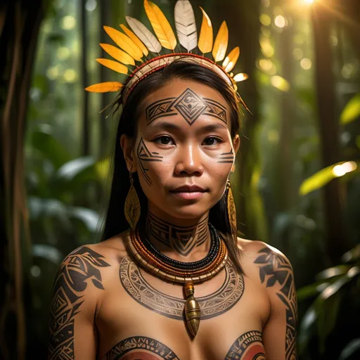 Prompt: "Borneo indigenous Dayak woman, intricate tribal tattoos, traditional beaded ceremonial costume, dense rainforest background, golden hour lighting"
