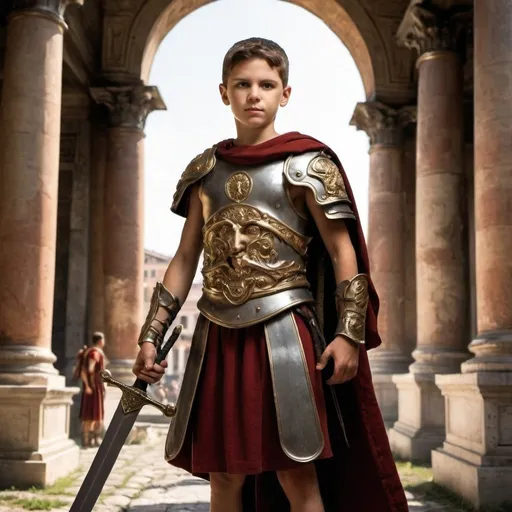 Prompt: make a young warrior with a magic sword in ancient rome