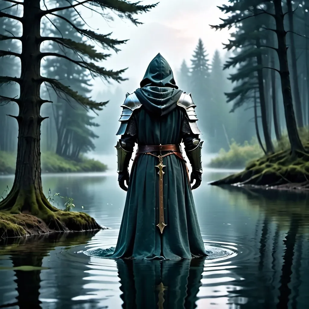 Prompt: mysterious knight, armor with robe, hooded, standing in lake, mirror, head down, helmet