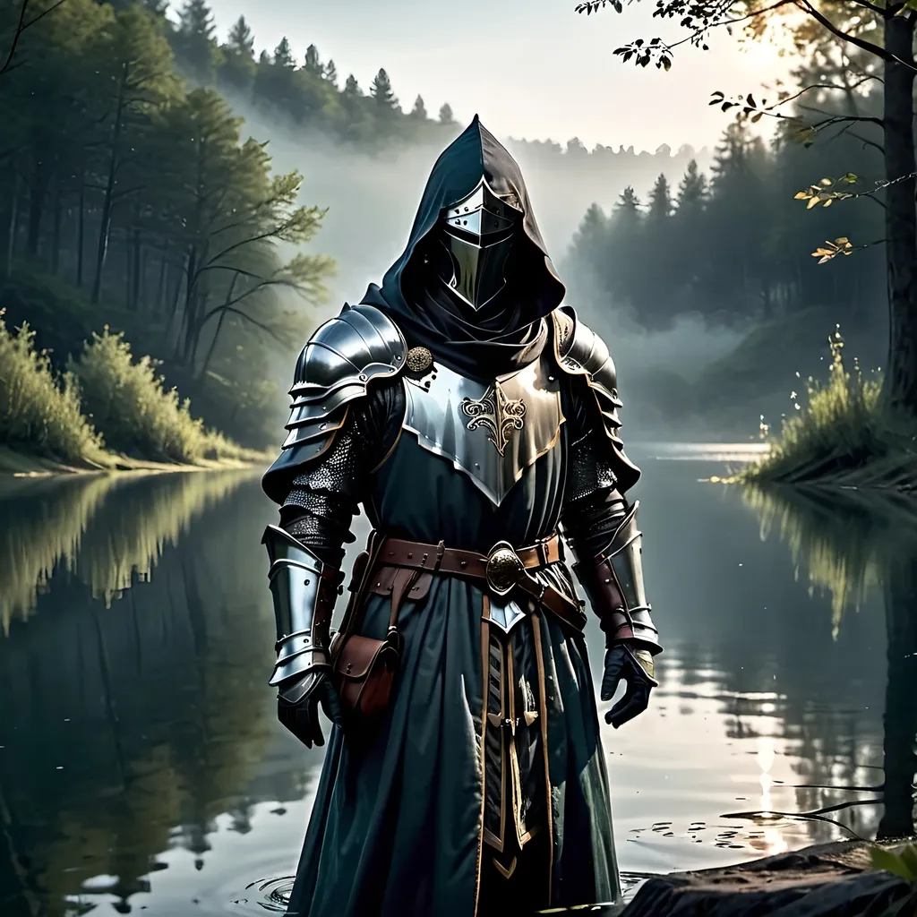 Prompt: mysterious knight, armor with robe, upper body, hooded, standing in lake, mirror, head down, helmet, cinematic