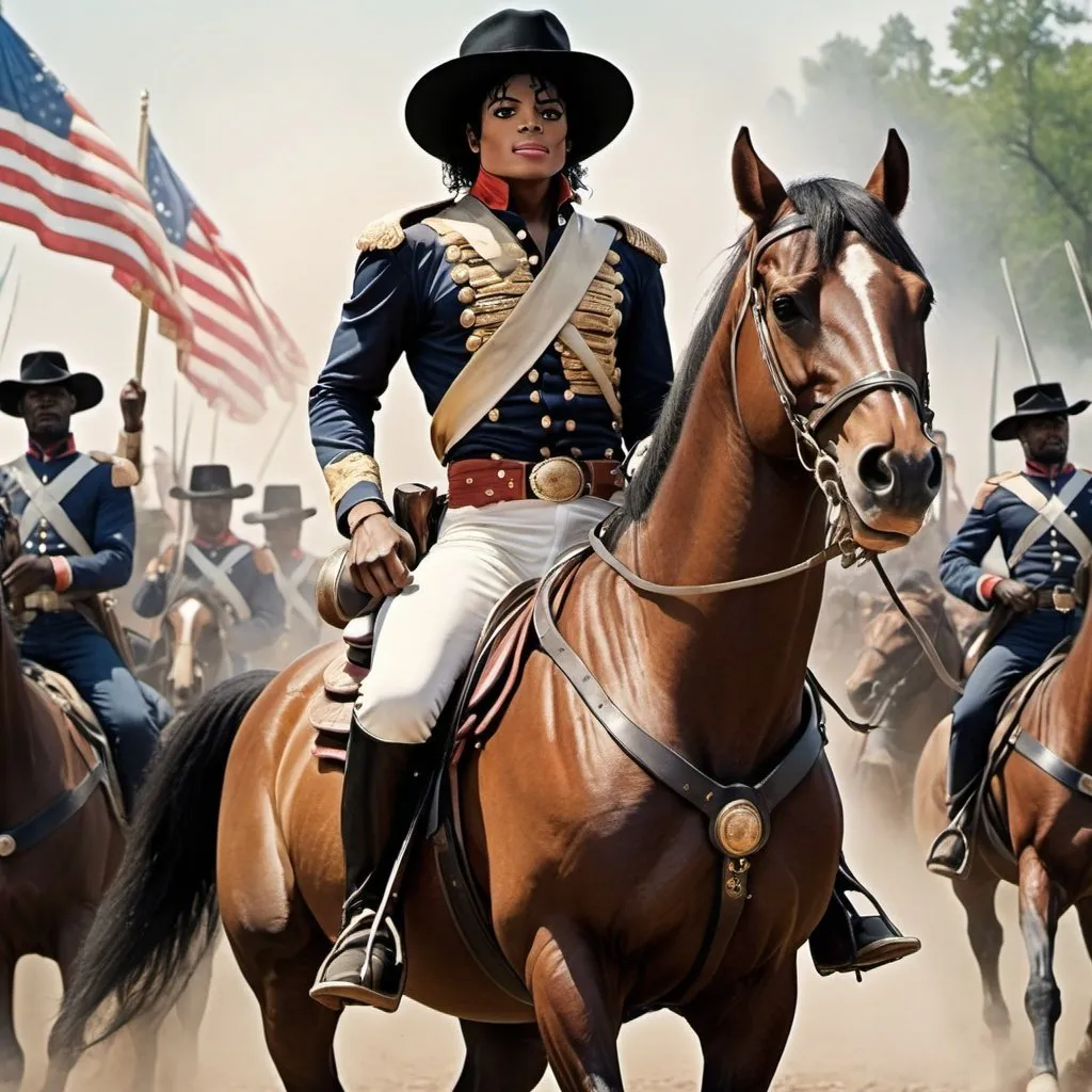 Prompt: Muscular Michael Jackson Riding Horse leading men into battle in the American Civil War