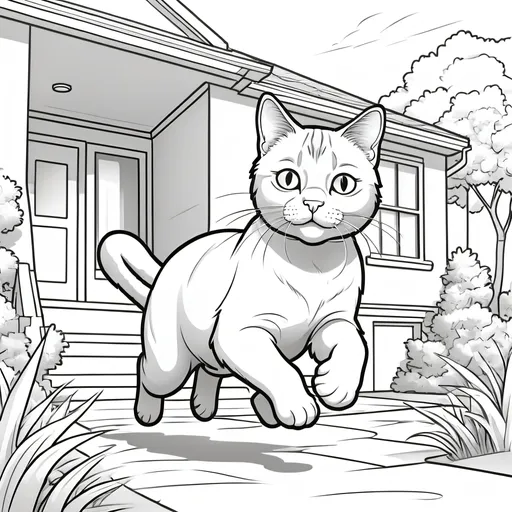 Prompt: Cat running and playing in front of the house,cartoon style, kids coloring page, thin line art, dark lines, all white, white background, no color, only outlines used, lines, coloring book, clean lines, background. White, no background