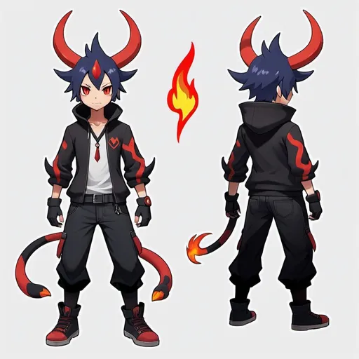 Prompt: Make Ruqi into a pokemon based off the description given:

Type: Dark/Fire – Reflecting the edgy aesthetic and fiery red accents.
Appearance:
A sleek, humanoid Pokémon with a black and red color scheme.
Horns resembling the ones on Ruqi's head.
A long, pointed tail with a fiery tip.
Piercings and accessories stylized as part of its body.
Abilities:
Inferno Slash: A fiery claw attack.
Shadow Step: Vanishes into shadows to evade attacks.
Flame Aura: Boosts Fire-type moves and damages nearby Pokémon.
Personality: A mischievous yet loyal Pokémon with a confident and bold demeanor.