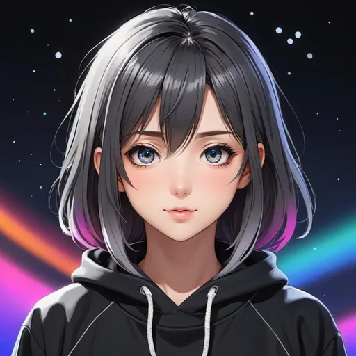 Prompt: portrait Anime girl,dark grey gradient vibrant hair, black sweatshirt, lanyard, highres, detailed eyes, anime, vibrant colour , space fon