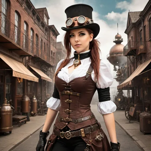 Prompt: steampunk girl in the steampunk city 