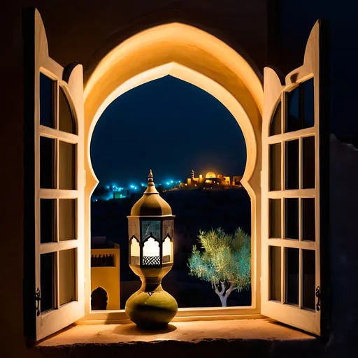 Prompt: Arabian niche window, night time, glowing lamp, olive tree, view from window to Arabian houses on a hill