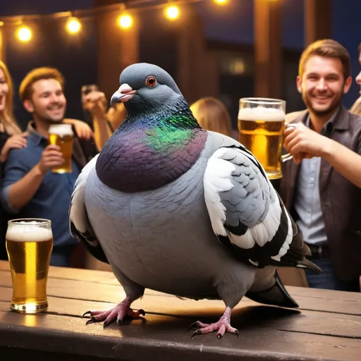 Prompt: Fat pigeon with beer on party