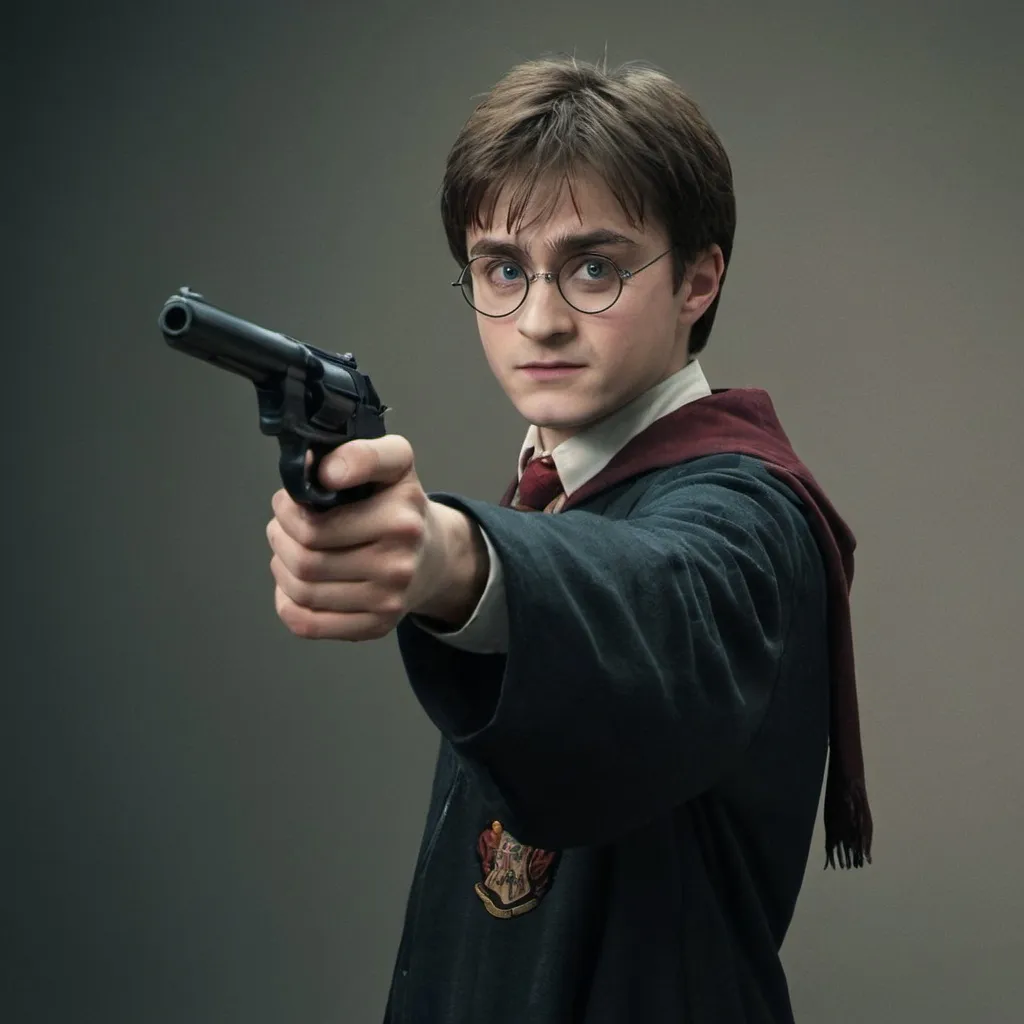 Prompt: Harry Potter holding a gun