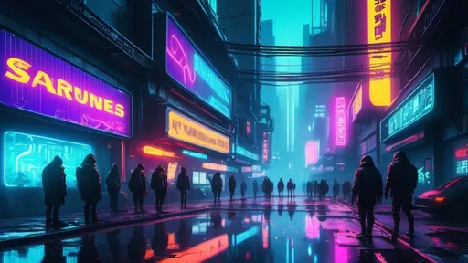 Prompt: Cyberpunk cityscape, vibrant neon lights, futuristic architecture, misty atmosphere, bustling streets filled with shadowy figures, strong beams of color, reflections on wet pavements, high-tech billboards written SARUMES written clearly in bold lettering at the center, sharp and edgy font style, striking contrast, intricate details, ultra-detailed, 4K clarity, dynamic ambiance.