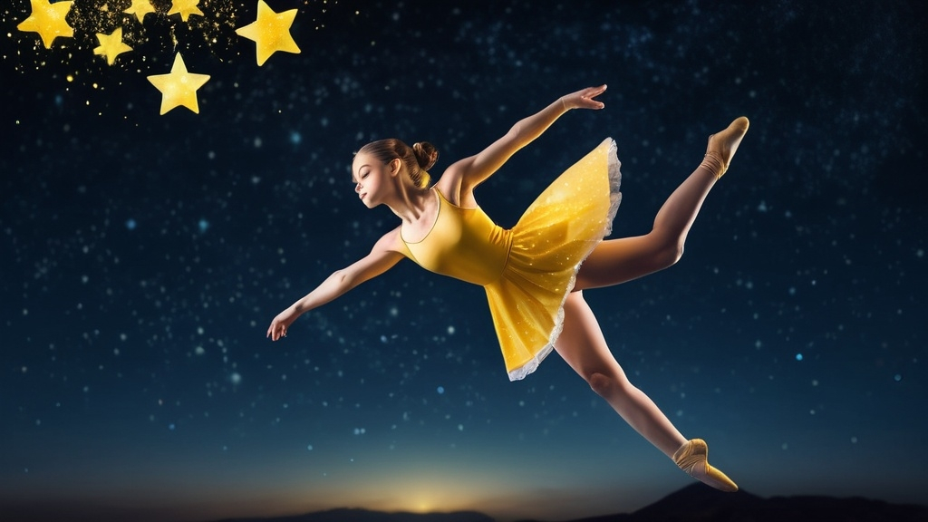 Prompt: gymnastic girl levitating in night sky with tiny stars in the sky, yellow shined maid gymnast fairy without wings with brighter yellow star upon her