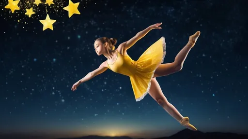 Prompt: gymnastic girl levitating in night sky with tiny stars in the sky, yellow shined maid gymnast fairy without wings with brighter yellow star upon her