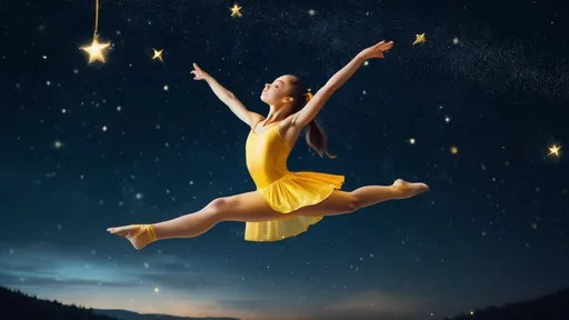 Prompt: gymnastic girl levitating in night sky with tiny stars in the sky, yellow shined maid gymnast fairy without wings with brighter yellow star upon her