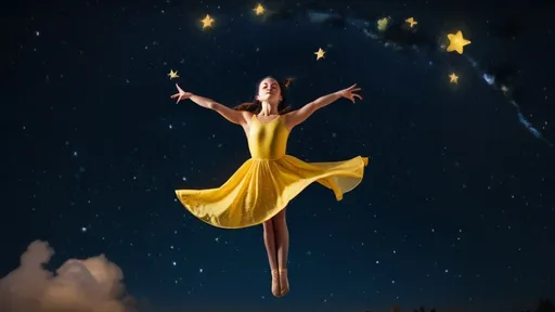 Prompt: gymnastic girl levitating in night sky with tiny stars in the sky, yellow shined maid gymnast fairy without wings with brighter yellow star upon her