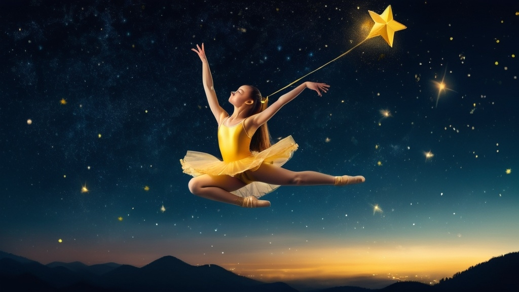 Prompt: gymnastic girl levitating in night sky with tiny stars in the sky, yellow shined maid gymnast fairy without wings with brighter yellow star upon her