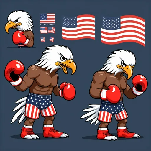 Prompt: a 2d sprite sheet of a boxing American bald eagle wearing read boxing gloves  and a the U.S. flag trunks.