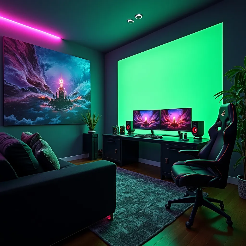 Prompt: a gaming room with a desk and chairs and a gaming system on the wall and a gaming chair in front of the desk, Beeple, computer art, rgb, a computer rendering afbeelding van je prachtige gamingkamer met de watergekoelde ROG Setup, inclusief de ROG Rapture GT-BE98 Pro 10G, watergekoelde videokaart en Maximus Formula XI moederbord, perfect voor gebruik met een greenscreen backdrop voor je streams