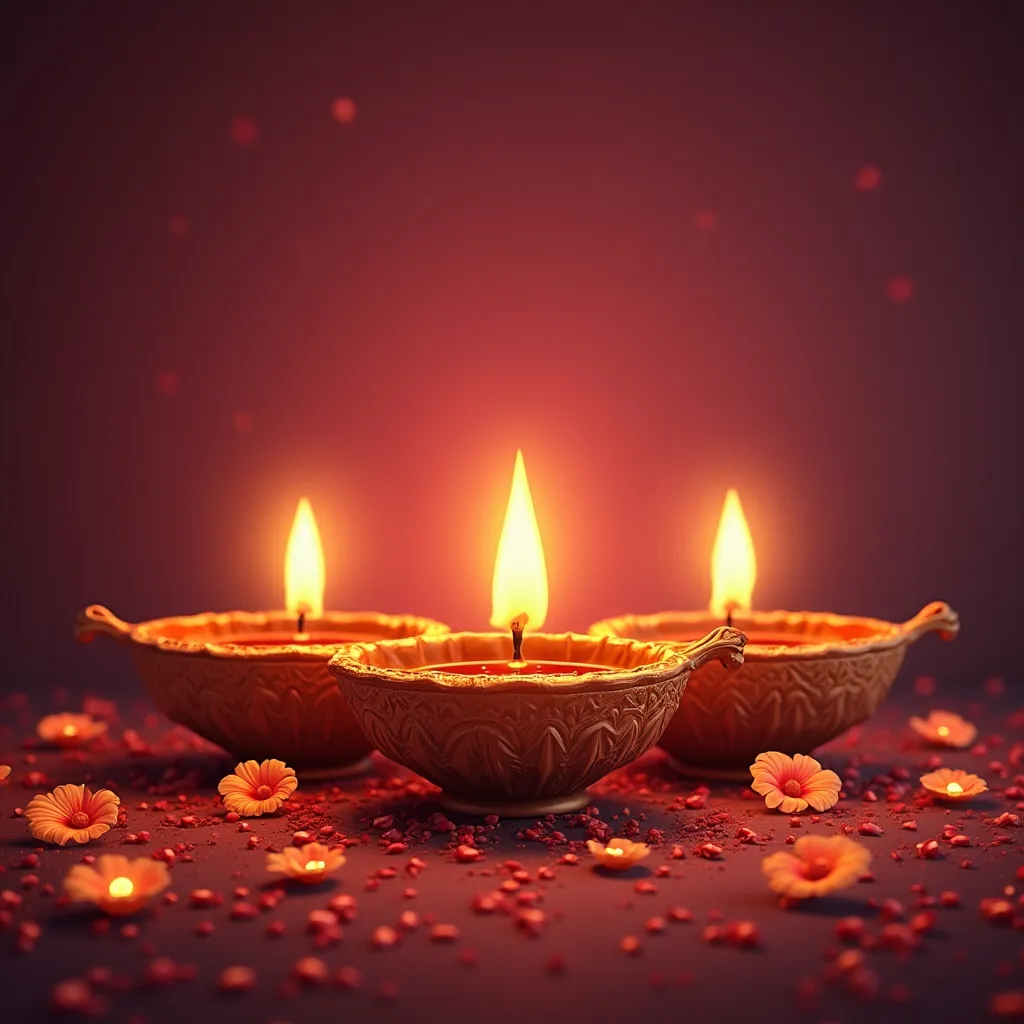 Prompt: three diwali candles on a floral background for diwali festival, india illustration illustration of diwali diwali, Bholekar Srihari, samikshavad, vfx, computer graphics