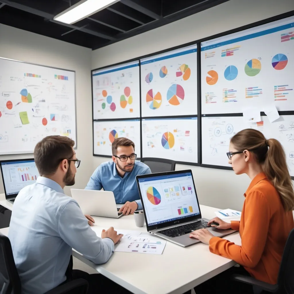 Prompt: Generate an image for Project Management. Include some people using laptop with a project management tool on it, whiteboard in a meeting room.