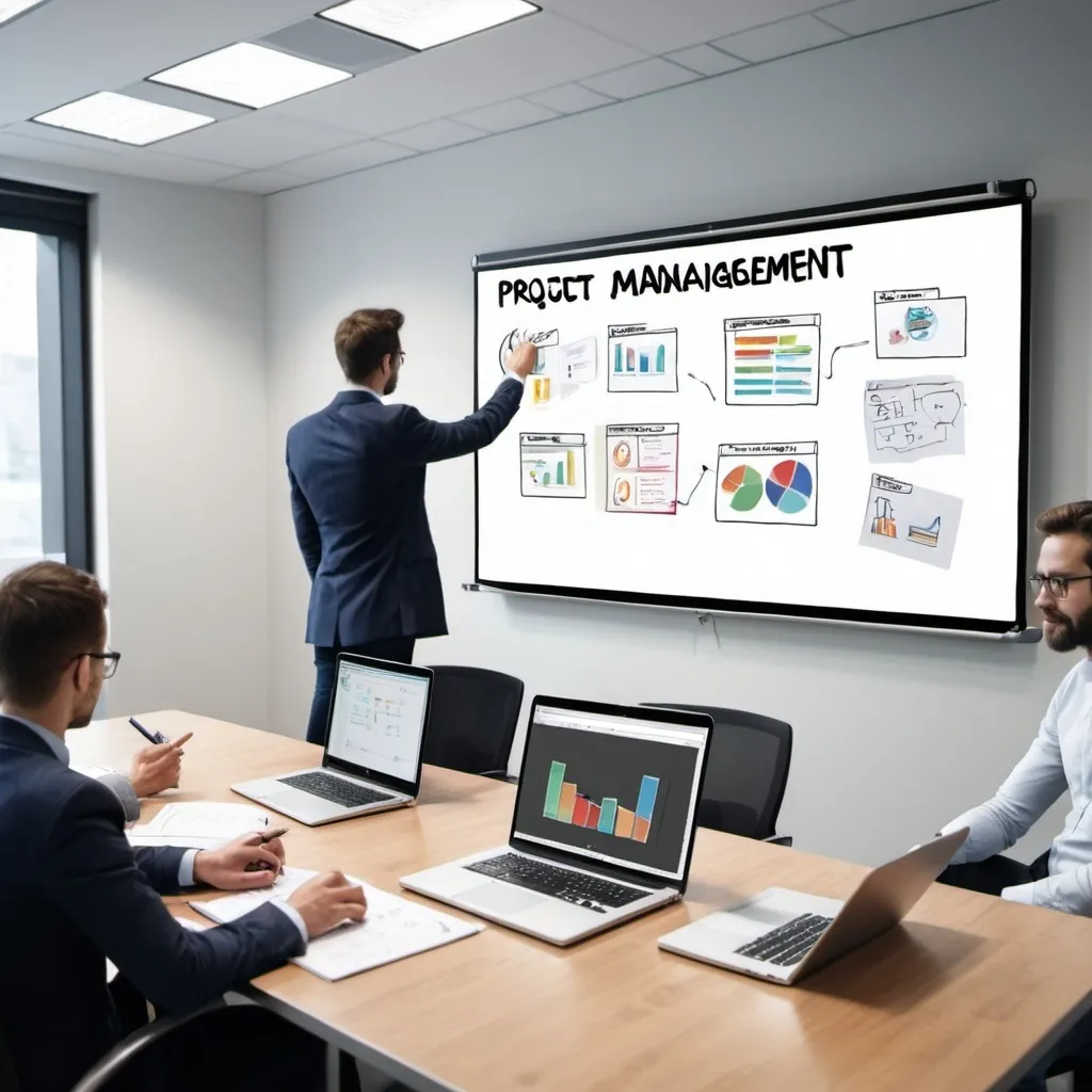 Prompt: Generate an image for Project Management. Include some people using laptop with a project management tool on it, whiteboard in a meeting room.