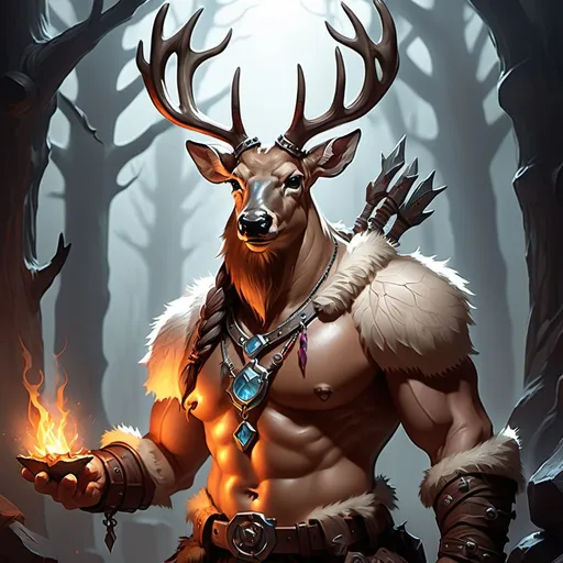 Prompt: dungeons and dragons fantasy art barbarian deer with lighting necklace