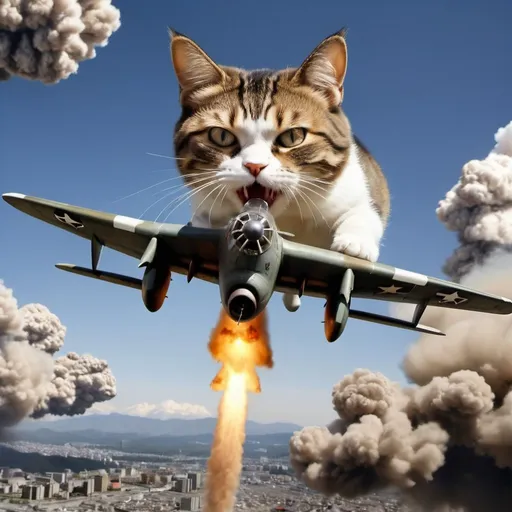 Prompt: Angry cat blows up hiroshima and nagasaki with nuclear bombs while flying in a world war II american fighter plane.