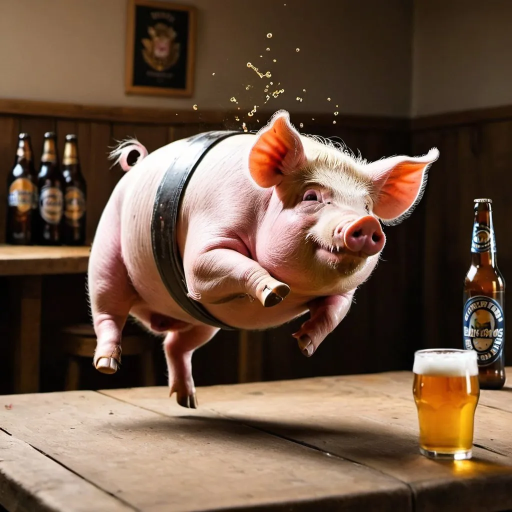 Prompt: pig doing a backflip while drinking beer