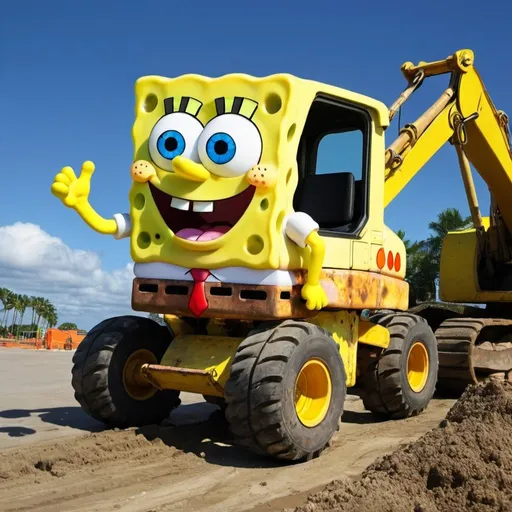 Prompt: Spongebob riding a digger