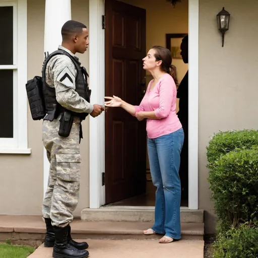 Prompt: Woman denying entry to soldier at her house