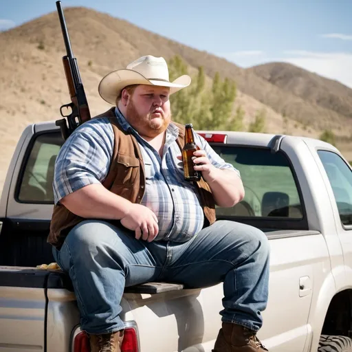 Prompt: obese man holding a shotgun while sitting on a lifted truck drinking beer wearing a cowboy hat