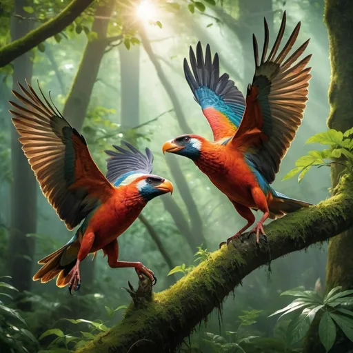 Prompt: (ultra-detailed) Birds, mammals, reptiles in fierce combat, vibrant forest backdrop, dynamic action scene, lush greenery, dappled sunlight filtering through leaves, intense expressions, dramatic poses, vivid colors contrasting wildlife, nature's raw power, chaotic atmosphere, high-quality imagery, wild, untamed setting, showcasing the struggle for survival, cinematic depth, capturing energy and movement.