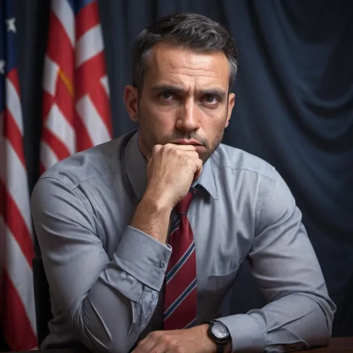 Prompt: a man in a gray shirt and tie sitting in front of a flag and a microphone with his hand on his chin, Al