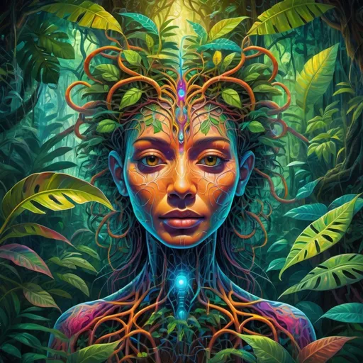 Prompt: Anthropomorphized but invisible neuronal structures, vibrant jungle setting, ayahuasca theme, detailed foliage, mystical atmosphere, surreal colors, high-res, digital painting, vibrant and glowing colors, intricate neural patterns, hidden faces, ethereal lighting