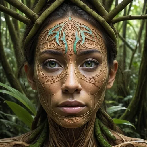 Prompt: Jungle/Ayahuasca theme neuronal structure and anthropomorphised but invisible facial structure 