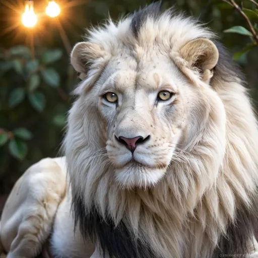 Prompt: great one lion called fabled ghost. It's a pear white lion with light grey mane and glowing light grey eyes