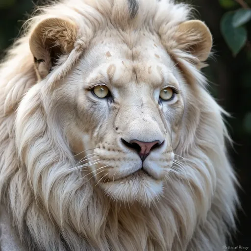 Prompt: great one lion called fabled ghost. It's a pear white lion with light grey mane and glowing light grey eyes