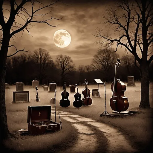 Prompt: Album Cover for bluegrass band, song about death, rustic oil painting, eerie graveyard setting, haunting atmosphere, vintage sepia tones, moonlit night, detailed instruments, high quality, rustic oil painting, eerie atmosphere, vintage sepia, moonlit night, haunting, detailed instruments