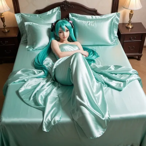 Prompt: hatsune miku, adult, plain pure pale turquoise silk sheets, plain pure pale turquoise silk satin bed, bedded in plain pure pale turquoise silk satin flat bed sheet, plain pure pale turquoise silk satin pillowcases, plain pure pale turquoise silk satin fitted sheet, soft shiny pure plain pale silk satin bedding, pure plain pale turquoise silk flat sheet on women, smiling, blushing, romantic four pouster bed with silk chiffon curtains, romantic bedroom background, ultra feminine posing, delicate lady, fragile lady, feminine lady, super soft and shiny silk satin sheets, alluring lady, Silk sheets, silk satin bed, bedded in silk satin flat bed sheet, silk satin pillowcases, silk satin fitted sheet, women is bedded between silk fitted sheet and silk satin bed cover, soft shiny silk satin bedding, silk flat sheet on women, aqua hair, aqua eyes, silk satin bed, bedded in silk satin cover, plain 2 silk pillows, plain silk satin fitted sheet, romantic bed, relaxing in plain pure pale turquoise pink silk satin sheets, extremely beautiful women, strapless, 1girl, solo, aqua eyes, aqua hair, twintails, long hair