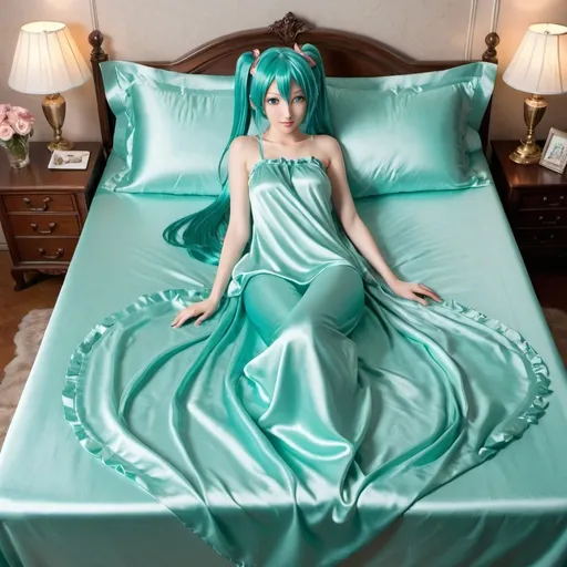 Prompt: hatsune miku, adult, plain pure pale turquoise silk sheets, plain pure pale turquoise silk satin bed, bedded in plain pure pale turquoise silk satin flat bed sheet, plain pure pale turquoise silk satin pillowcases, plain pure pale turquoise silk satin fitted sheet, soft shiny pure plain pale silk satin bedding, pure plain pale turquoise silk flat sheet on women, smiling, blushing, romantic four pouster bed with silk chiffon curtains, romantic bedroom background, ultra feminine posing, delicate lady, fragile lady, feminine lady, super soft and shiny silk satin sheets, alluring lady, Silk sheets, silk satin bed, bedded in silk satin flat bed sheet, silk satin pillowcases, silk satin fitted sheet, women is bedded between silk fitted sheet and silk satin bed cover, soft shiny silk satin bedding, silk flat sheet on women, aqua hair, aqua eyes, silk satin bed, bedded in silk satin cover, plain 2 silk pillows, plain silk satin fitted sheet, romantic bed, relaxing in plain pure pale turquoise pink silk satin sheets, extremely beautiful women, strapless, 1girl, solo, aqua eyes, aqua hair, twintails, long hair