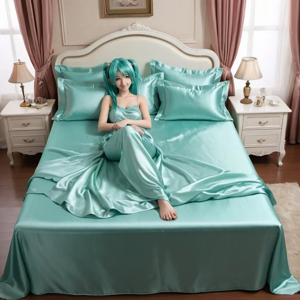 Prompt: hatsune miku, adult, plain pure pale turquoise silk sheets, plain pure pale turquoise silk satin bed, bedded in plain pure pale turquoise silk satin flat bed sheet, plain pure pale turquoise silk satin pillowcases, plain pure pale turquoise silk satin fitted sheet, soft shiny pure plain pale silk satin bedding, pure plain pale turquoise silk flat sheet on women, smiling, blushing, romantic four pouster bed with silk chiffon curtains, romantic bedroom background, ultra feminine posing, delicate lady, fragile lady, feminine lady, super soft and shiny silk satin sheets, alluring lady, Silk sheets, silk satin bed, bedded in silk satin flat bed sheet, silk satin pillowcases, silk satin fitted sheet, women is bedded between silk fitted sheet and silk satin bed cover, soft shiny silk satin bedding, silk flat sheet on women, aqua hair, aqua eyes, silk satin bed, bedded in silk satin cover, plain 2 silk pillows, plain silk satin fitted sheet, romantic bed, relaxing in plain pure pale turquoise pink silk satin sheets, extremely beautiful women, strapless, 1girl, solo, aqua eyes, aqua hair, twintails, long hair